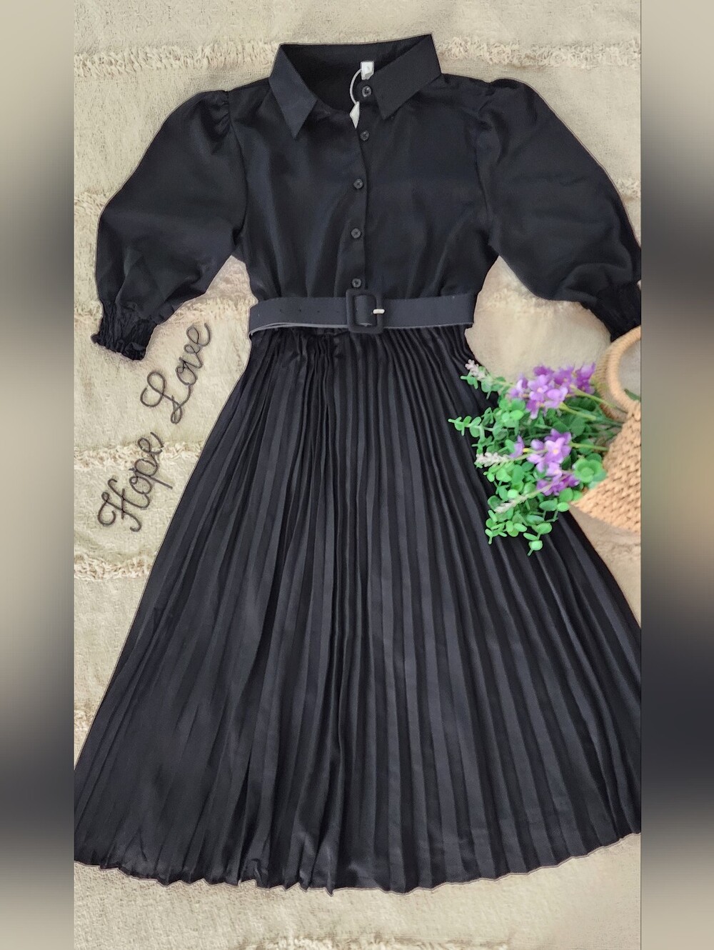 Elegant Black Pleated Shirt Dress with Belt
